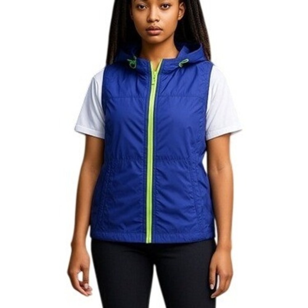Blue Hooded Utility Vest Lime Green Zip Sleeveless Jacket